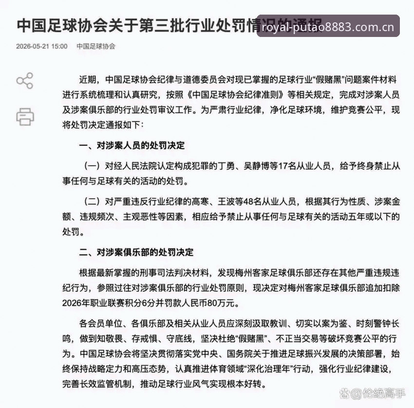 新葡萄8883互动服务 足协第三批禁足名单深度解析:65人受罚背后的行业整顿信号